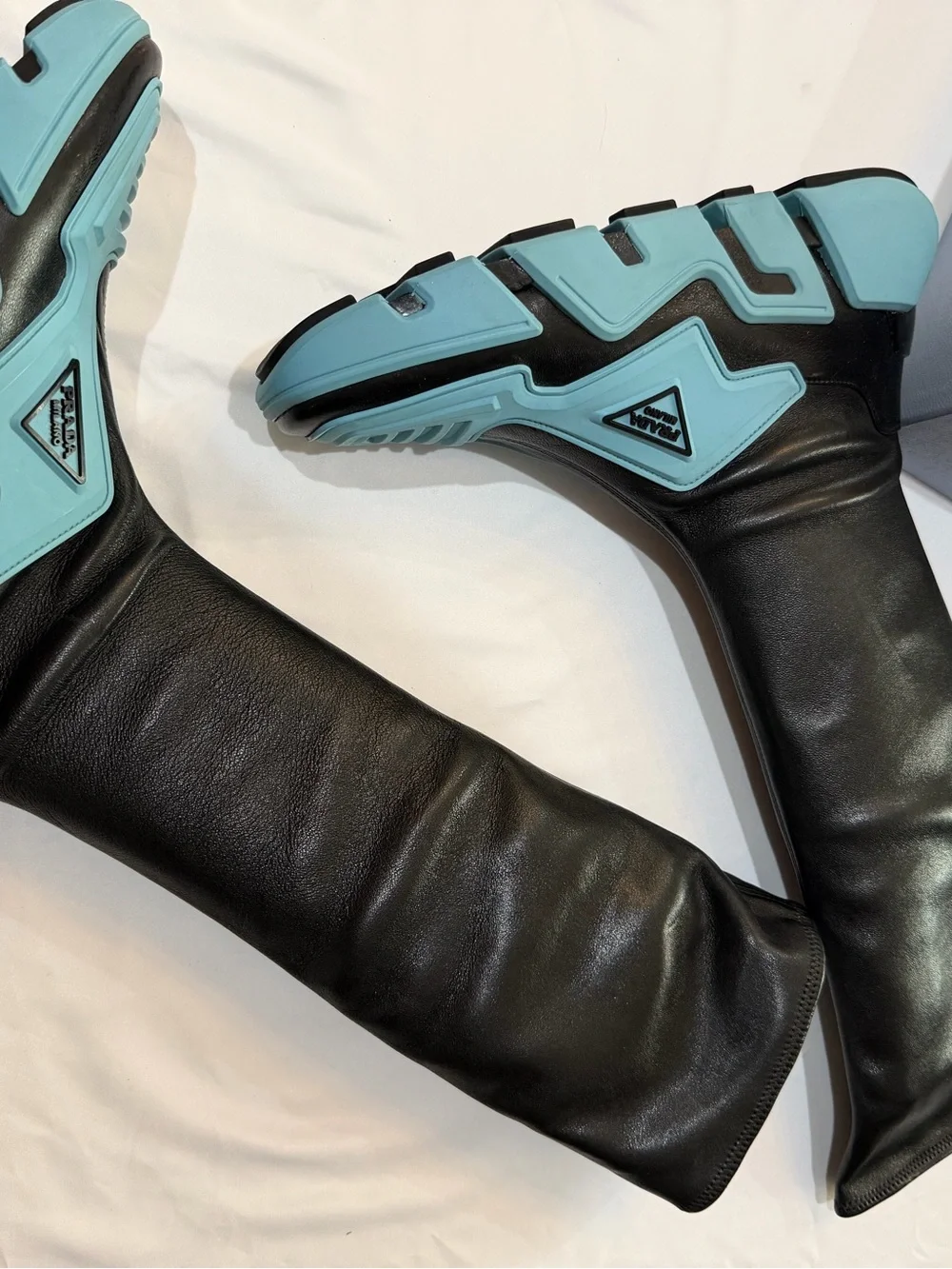Prada Runway Techno Stretch Boots with Light Blue Platform Soles size 40